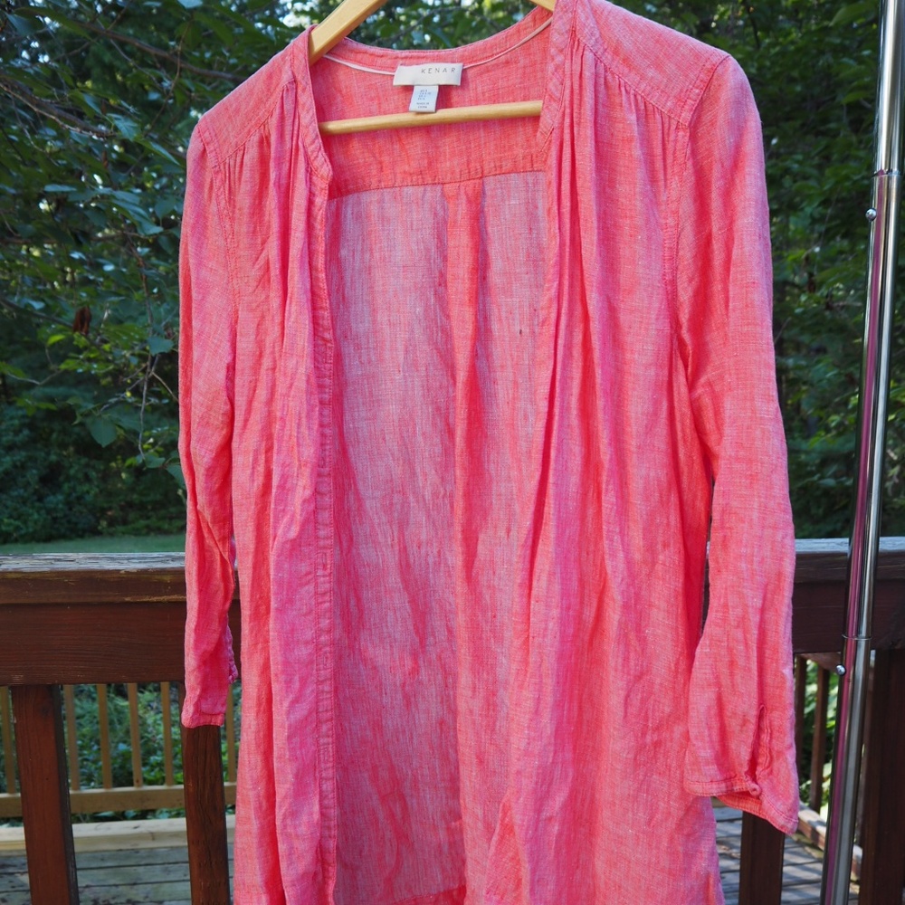 Kenar brand, size L women’s 100% linen button down 3/4 length sleeve in salmon
